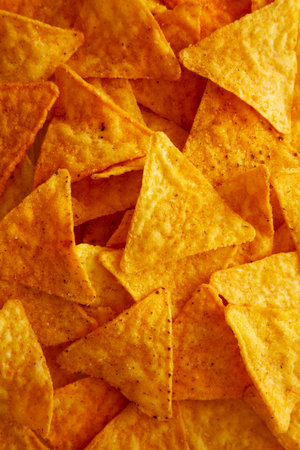 Crunchy Nacho BBQ Tortilla Chips, top view.の写真素材