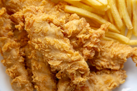 Homemade Chicken Strips with Fries on a Plate, top view.
