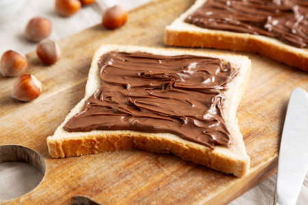Homemade Chocolate Hazelnut Toast, low angle view. Close-up.