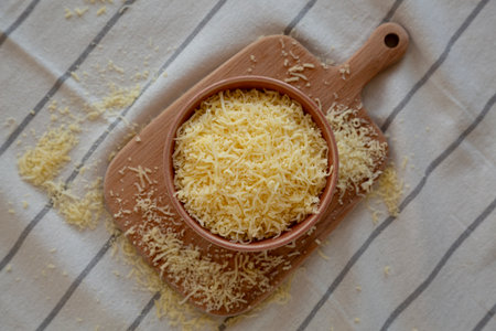 Organic Grated Cheese Mix in a Bowl, top view.の写真素材