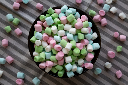 Fruity Colored Rainbow Marshmallows in a Bowl, top view.