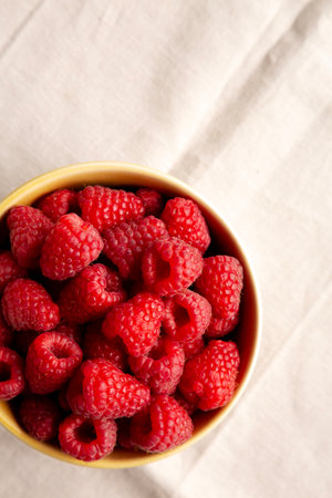 Organic Raw Red Raspberries in a Bowl, top view. Copy space.の写真素材