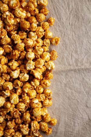 Homemade Caramel Pop Corn, top view. Space for text.の写真素材