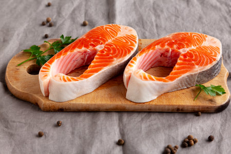Raw Organic Salmon Steak Ready to Cookの写真素材
