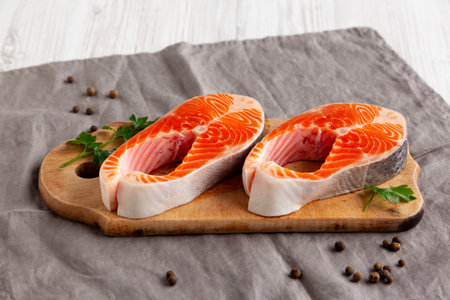 Raw Salmon Steak Ready to Cookの写真素材