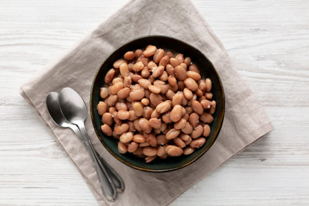 Organic Canned Fagioli Borlotti Beans in a Bowl, top view. Overhead, from above.
