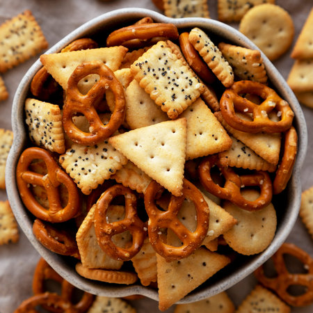 Crunchy Cracker Snack Mix in a Bowl, top view.