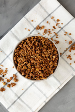 Tasty Homemade Chocolate Granola in a Bowl, top view.