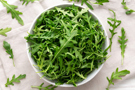 Organic Raw Green Arugula in a Bowl, top view. Overhead, from above.の写真素材