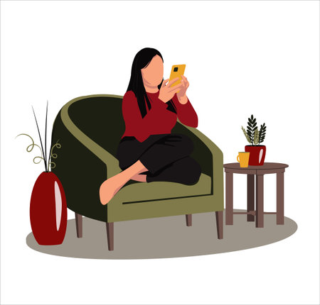 Woman with a phone. Woman on sofa with phone.のイラスト素材