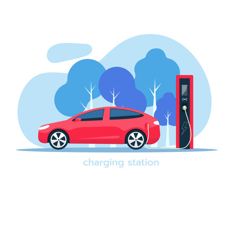 Electric car is charging. Electric car with charging station. The concept of charging an electric car.のイラスト素材
