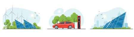 Clean energy of set. Electric car with charging station. Wind and solar generation. The concept of alternative electricity production.のイラスト素材