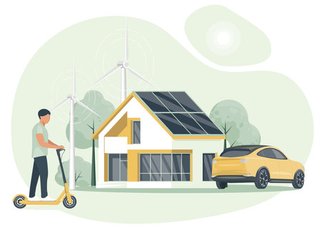 The concept of alternative electricity. Clean green energy from renewable sources concept. Modern eco house with windmills and solar energy panels, electric car.のイラスト素材