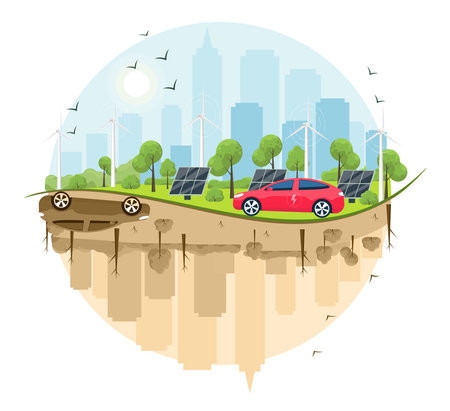The concept comparison of renewable energy. The electric car, solar panels, and wind turbines are on the city landscapes background. Vector illustration of Climate change and environmental pollution.のイラスト素材