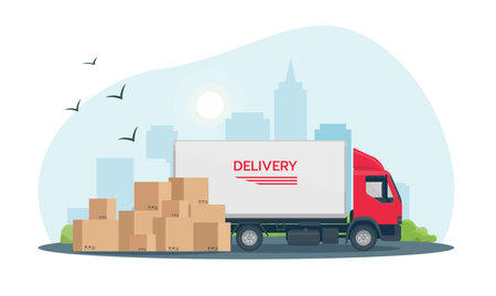 Online delivery service. A cargo van with boxes next to it in the background of the city.のイラスト素材