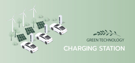 Horizontal banner with electric cars at charging stations and with solar pannels and windmill.The concept of charging an electric cars. Illustration electric vehicle.の写真素材