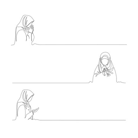 Set of muslim arab woman praying. A girl in a scarf, praying. one line womens hijab scarf. Hijab vector illustration set.のイラスト素材