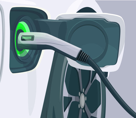 Electric car is charging. Electric car with charging station. EV plug. The concept of charging an electric car. Isolated vector illustration electric vehicle.のイラスト素材