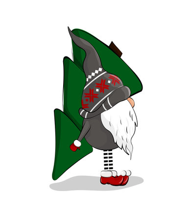 A Christmas gnome carries a Christmas tree. Cute festive gnome. A gray dwarf in red gloves and shoes.のイラスト素材