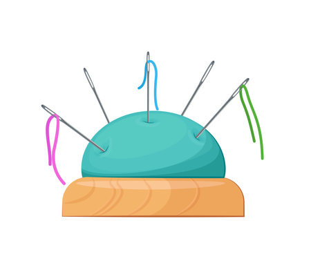 Cute cartoon style vector illustration of a pincushion with sewing needles and colorful threads.のイラスト素材
