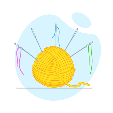 Yellow yarn ball with multiple sewing needles stuck into it, each threaded with colorful threads in pink, blue, and green.のイラスト素材