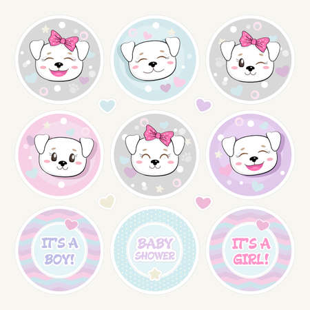 Lovely Baby Shower Round Shape Tag Set. Cute Puppies Stickers. Funny baby dog with bow, tiny hearts and stars. It's a Boy. It's a Girl. Infantile Childish Design. Pastel colors.のイラスト素材