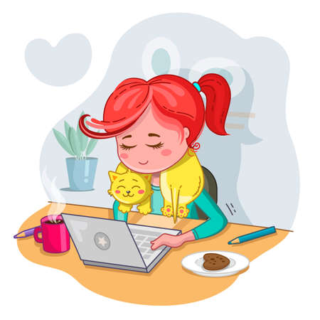 Home studying. Online education. Stay home. Work from home. A young woman seat at a desk with a laptop and cat.のイラスト素材