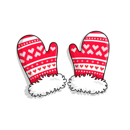 Pair of knitted winter mittens isolated on white background. Vector illustration. Santa mitten icon. Christmas greeting card with mittens.のイラスト素材