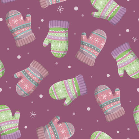 Christmas and New Year seamless pattern with winter gloves and mittens. Great for fabric, textile, wallpaper, giftwrap, srcapbook etc. Vector background. Pastel Colors.のイラスト素材