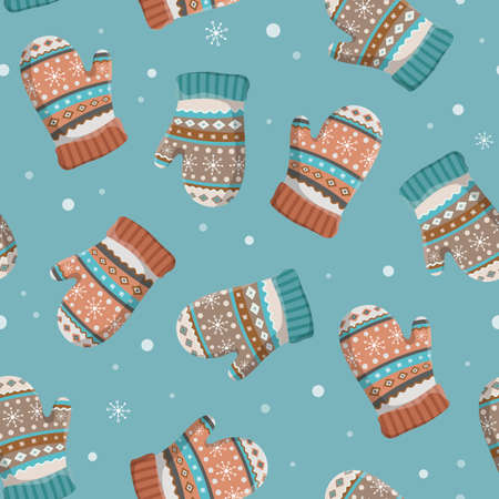 Christmas and New Year seamless pattern with winter gloves and mittens. Great for fabric, textile, wallpaper, giftwrap, srcapbook etc. Vector background. Muted colors.のイラスト素材