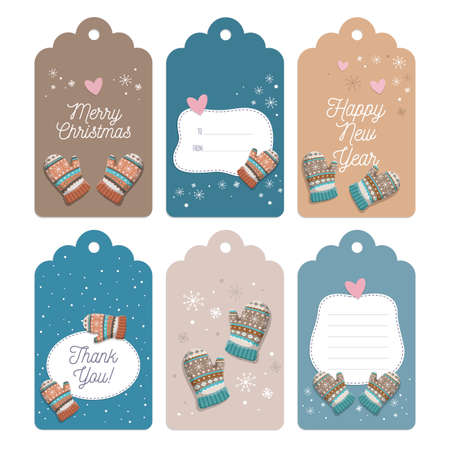 Set of six Christmas tags collection with mittens and snowflakes. Template for New Year greeting, winter holiday labels, decorations.のイラスト素材