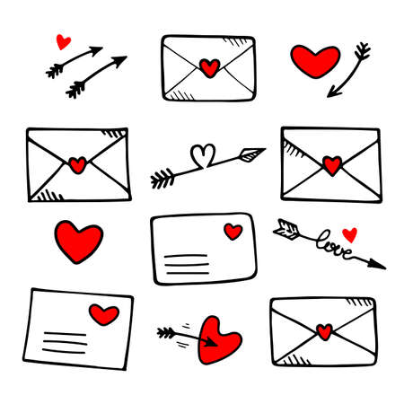 Cute hand drawn set of love letters icons. Doodles elements. Vector illustration. Design for prints, cards and coloring page. Valentine's day theme poster.のイラスト素材