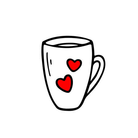 A cup with red heart. Hand drawn vector illustration. I love coffee and tea. Sketch icon. Kitchen stuff and elements.のイラスト素材