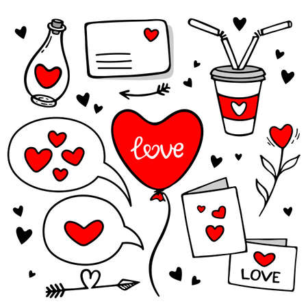 Love doodles elements. Cute hand drawn set of icons with hearts, letter, drink, potion, speech bubbles. Vector illustration. Design for prints, cards and coloring page. Valentine's day theme poster.のイラスト素材