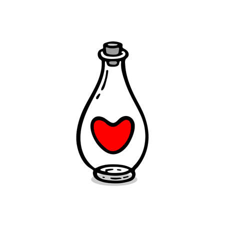 Vector hand drawn bottle with magic love potion. Outline doodle icon. Sketch illustration for print, web, mobile and infographics isolated on white background. Valentine's day theme.のイラスト素材