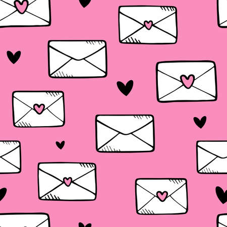 Love letters symbols seamless pattern. Hand drawn doodles Vector illustration. Romantic happy Valentine's day. Envelopes and hearts.のイラスト素材