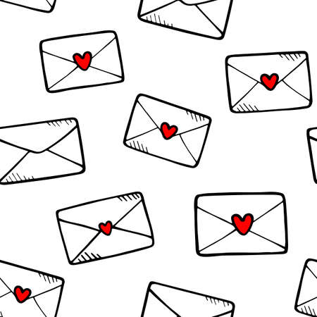 Love letters symbols seamless pattern. Hand drawn doodles Vector illustration. Romantic happy Valentine's day. Envelopes and hearts.のイラスト素材