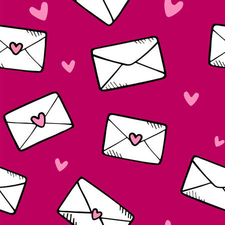 Love letters symbols seamless pattern. Hand drawn doodles Vector illustration. Romantic happy Valentine's day. Envelopes and hearts.のイラスト素材