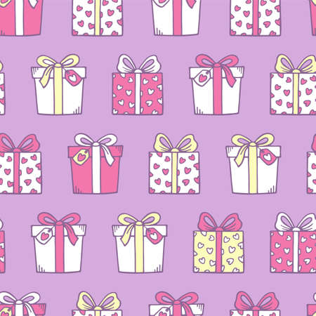 Cute hand drawn seamless pattern with gift boxes and love doodles elements. Vector background. Print for Birthday, Christmas etc.のイラスト素材