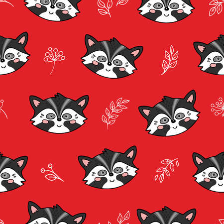 Cute seamless pattern with doodle animals - racoons. Vector illustration.のイラスト素材