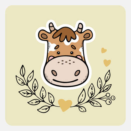 Cow, ox. Cute funny hand drawn animal with hearts, leaves and branches. Cartoon doodle sketch style. Vector illustration for card, banner, poster, baby cloth, sticker, interior elements for nursery.のイラスト素材
