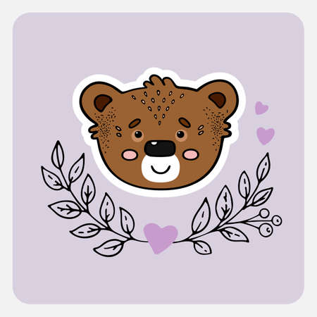 Bear. Cute funny hand drawn animal with hearts, leaves and branches. Cartoon doodle sketch style. Vector illustration for card, banner, poster, baby cloth, sticker, interior elements for nursery.のイラスト素材