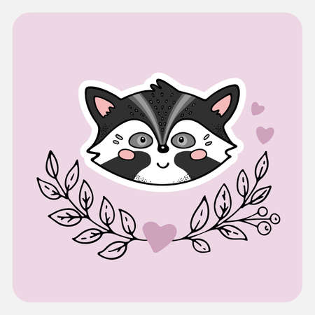 Racoon, skunk. Cute funny hand drawn animal with hearts, leaves and branches. Cartoon doodle sketch style. Vector illustration for card, poster, baby cloth, sticker, interior elements for nursery.のイラスト素材