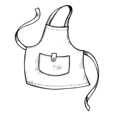 Hand drawing apron with pocket. Vector illustration isolated on white background. Kitchen stuff. Pinafore with ties. Uniform for cooking, housewife or chef.のイラスト素材