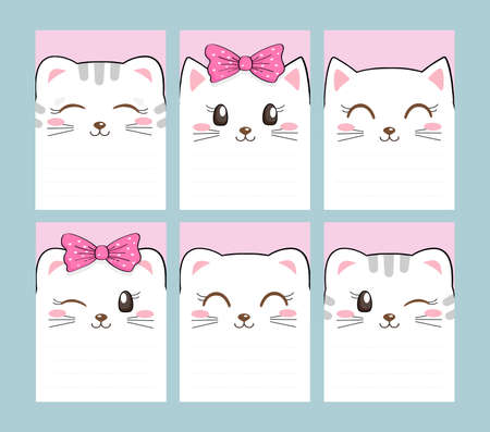 Set of notebook pages. Speech emoji notes template. Cats and kittens. White head face square icon with empty space for text. Cute cartoon kawaii funny character. Flat design. Happy valentines dayのイラスト素材