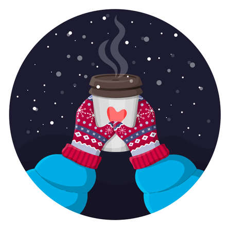 Two hands holding a cup of hot drink. Magic winter night cozy illustration. Knitted winter vintage gloves on snowy background. Colorful vector flat cartoon illustration.のイラスト素材