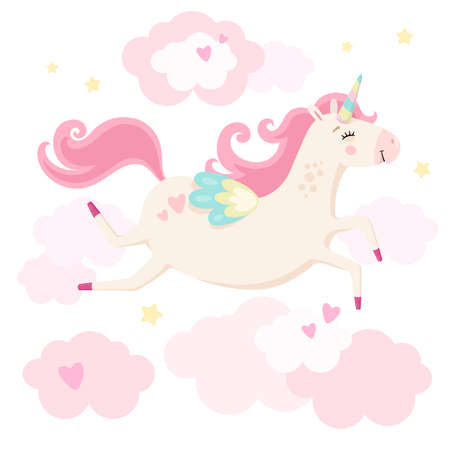 Cute magical unicorn in pink clouds. Little princess theme. Vector hand drawn illustration. Beautiful fantasy cartoon animal. Great for kids party, greeting cards, invitation, print for apparel, bookのイラスト素材