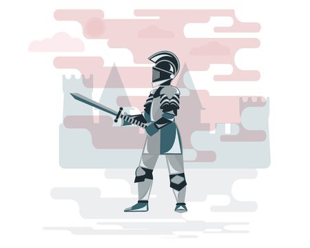 Vector illustration with a knight in armor with a sword on a background of a medieval castle and abstract stripes. Flat design on a white background.のイラスト素材