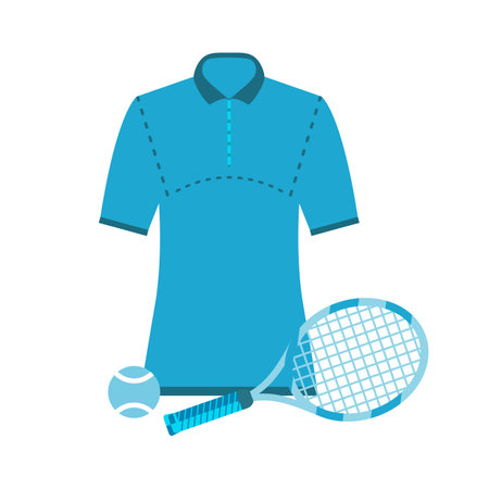 A set of sports equipment for tennis in the form of a T-shirt, tennis racket and tennis ball. The concept of an active lifestyle and sports training. Vector illustration on a white background.のイラスト素材
