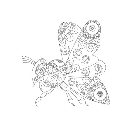 Vector illustration of a bee with abstract ornament. The concept of a healthy beehive and successful honey extraction. Zen art. Anti-stress coloring. Flat design.のイラスト素材
